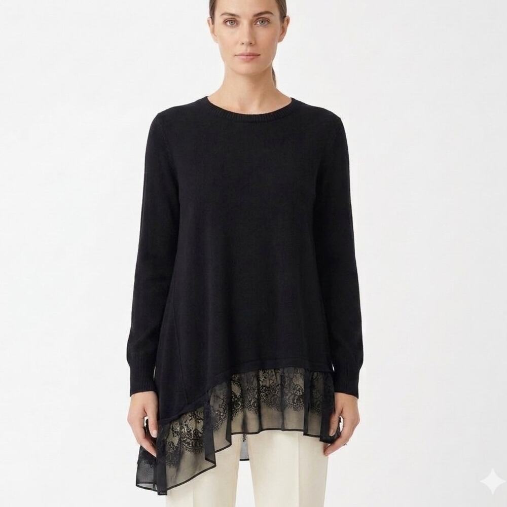 LOGO Lori Goldstein Black Tunic Sweater XS Cashmere Cotton Lace Chiffon Hem Top